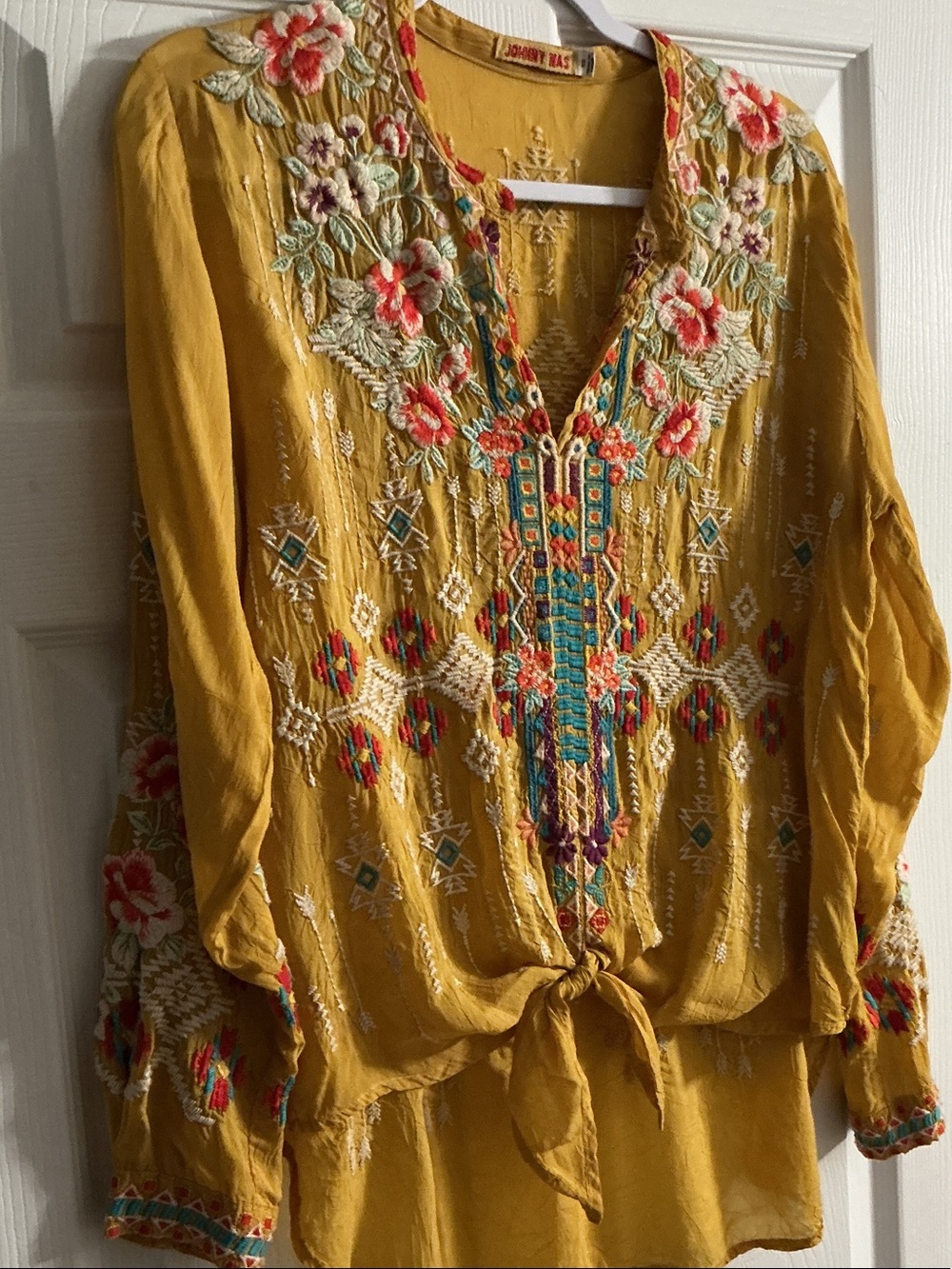 Johnny Was Mustard Embroidered Tie-Front Blouse